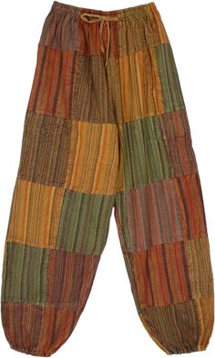 A cool pair of rusty natural colors and stonewashed stripes cotton patchwork harem style pants.  These unisex gypsy pants come with two side pockets, one back pocket, an elastic waistband with drawstring, and elastic ankle cuffs. #tlb #SplitSkirtsPants #Patchwork #Stonewash #Pocket #Yoga #Striped #bohemianfashion #CottonHaremPants #YogaPants #StripedPants #PatchworkPants Multicolor Cotton Harem Pants For Fall, Nature Clothes, Batik Pants, Aesthetic Pants, Clothes Wardrobe, Patchwork Pants, Grunge Clothes, Cotton Harem Pants, Hippie Fashion