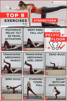 a woman doing yoga poses with the words top 8 exercises to stretch out your pel -