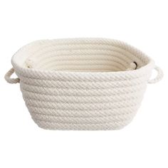 a white rope basket with handles on the front and bottom, sitting on a white background