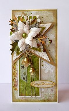 a christmas card with bells and poinsettis on the front, decorated in gold