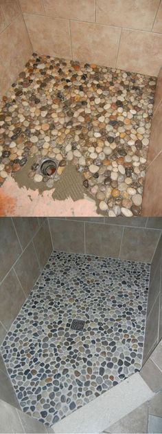 before and after pictures of a bathroom shower with pebbles on the floor, and in between