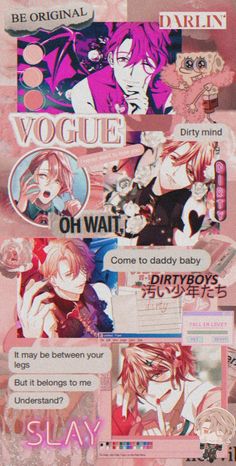 an anime collage with many different images and words on it, including the characters