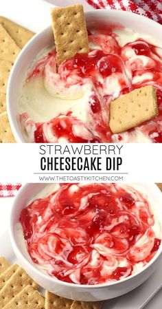 strawberry cheesecake dip in a white bowl with crackers on the side, and another photo