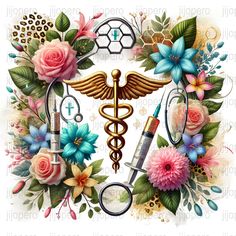 a medical symbol surrounded by flowers and other items on a white background with the words doctor written