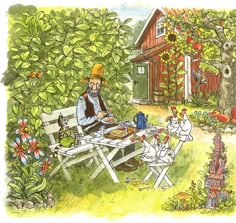 an old man sitting at a picnic table in front of a red barn with chickens