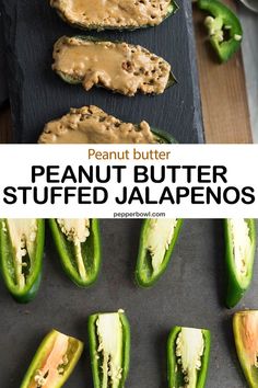 peanut butter stuffed jalapenos on a baking sheet with the title above it