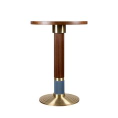 a wooden table with blue and gold stripes on the base, against a white background