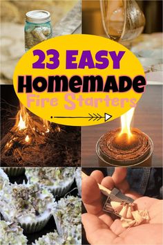 there is a collage of pictures with words that say, 23 easy homemade fire starter