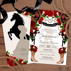 the wedding card is decorated with red roses and black horse silhouettes on white paper