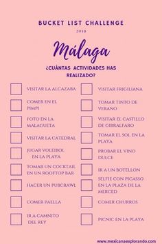 a pink poster with the words'bucket list challenge'in spanish and english on it