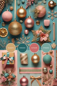 Step outside the traditional reds and greens with this unique Christmas palette! Featuring teal, coral pink, gold, soft lavender, and beige, these colors bring a fresh and modern twist to your holiday decor. Perfect for those who love to decorate with style and creativity!  Christmas color palette, creative holiday decor, modern Christmas ideas, festive inspiration, non-traditional colors, unique holiday themes, Christmas decorating tips, color combinations. Vintage Christmas Colors Palette, Cute Christmas Color Palette, Red And Beige Color Palette, Christmas Pastel Color Palette, Holiday Color Palette Christmas, Holiday Color Scheme, Non Traditional Christmas Colors, Christmas Color Palette Hex Code, Christmas Color Pallets