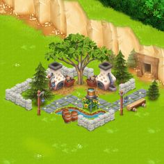 the game is playing in an open area with trees, rocks and other things on it