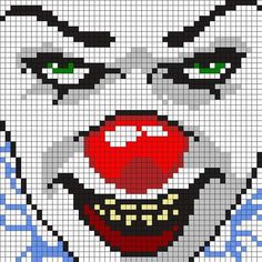 a cross stitch pattern with the face of a evil clown in blue and white colors