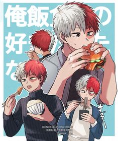 an anime character eating food and drinking from a cup with two other characters behind him