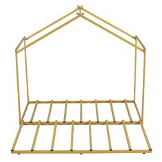 a gold metal bed frame with an open top on the bottom and two sides that are connected to each other