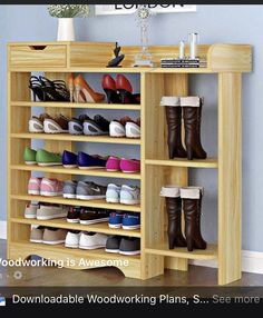 a wooden shoe rack filled with lots of shoes