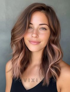 Light Brown Hair With Ombre, Brown Hair With Rose Highlights, Rose Balayage Brunettes, Rose Brunette Hair, Dark Highlighted Hair, Rose Gold Brunette Hair, Dark Rose Gold Hair Brown, Brown Hair With Strawberry Highlights, Ashy Red Hair