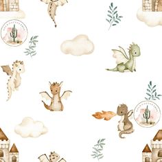 a white background with various animals and clouds