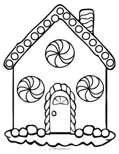 a gingerbread house with candy and lollipops on the roof coloring page