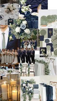 a collage of photos with blue and green wedding decorations, flowers, and greenery