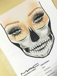 Facecharts                                                                                                                                                      More Mac Halloween Makeup, Halloween Skull Makeup Half Face, Halloween Skeleton Makeup Half Face, Skeleton Half Face Makeup, Face Chart Makeup Ideas Creative, Diy Skull Makeup, Halloween Facechart, Skull Makeup Half Face, Half Face Skull Makeup