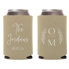 two wedding can coolers with the names and date printed on them, one in white