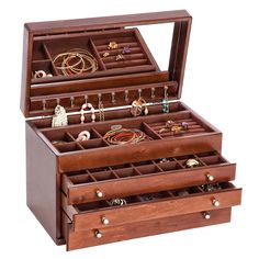 two wooden jewelry boxes with drawers and necklaces in them