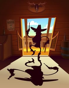 the shadow of a mouse is shown in front of an open door with a cowboy hat on it