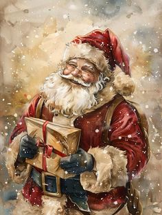 a painting of santa claus reading a book in the snow with his hand on his chest