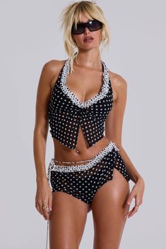 Polka Frill Top | Jaded London | Ciao Mesh Cardigan, Twist Front Top, Halter Top Tankini, Bloomers Shorts, Frill Tops, Halter Tankini, Jaded London, Backless Mini Dress, Strapless Mini Dress