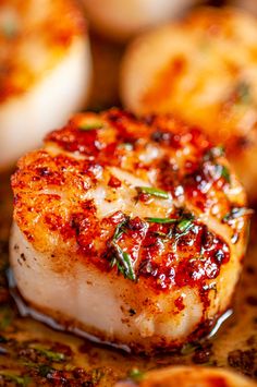 seared scallops with sauce and herbs on them