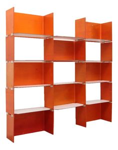 an orange shelving unit with four shelves on one side and two open ones on the other