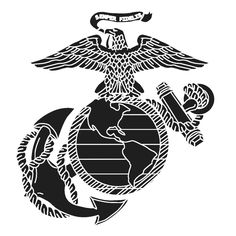 the marine emblem with an eagle and globe on it's chest, in black and white