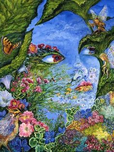 a painting of a woman's face surrounded by flowers and butterflies