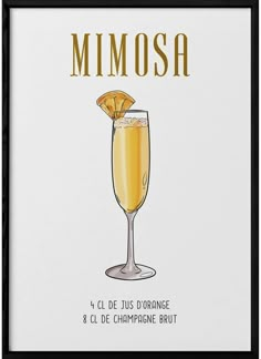 a framed poster with a glass of champagne and an orange slice on the rim that says mimosa