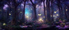 a forest filled with lots of butterflies flying through the air