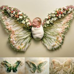 a baby wrapped in a blanket is surrounded by flowers and butterflies as it lays on its back