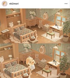 two pictures of a dollhouse with furniture and decorations in it, including a dog on the bed