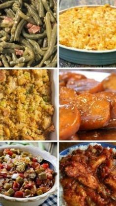 several different pictures of food including green beans, rice and other foods that are on plates