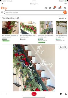 an image of a christmas garland on the stairs in a house that has been decorated with red, white and green decorations