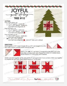 the joyful christmas tree quilt pattern is shown in red, white and green colors