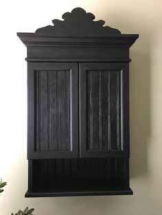 a black wall mounted cabinet next to a potted plant