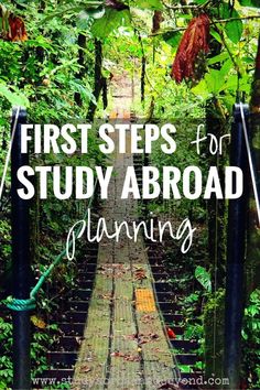 a wooden walkway surrounded by trees with the words first steps for study abroad planning on it