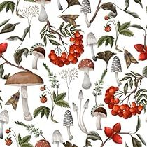 a white background with red berries and mushrooms