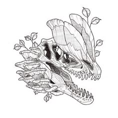 a drawing of an animal skull with leaves on it's head and the face of a