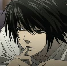 an anime character with black hair holding his finger to his mouth