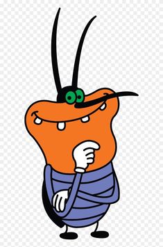 an orange and black cartoon character wearing a blue striped shirt, with one eye on his head