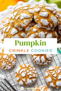 pumpkin crinkle cookies on a cooling rack with the title overlay reading pumpkin crinkle cookies