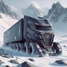 an image of a truck that is driving in the snow with mountains in the background