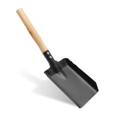 a black shovel with wooden handle on a white background